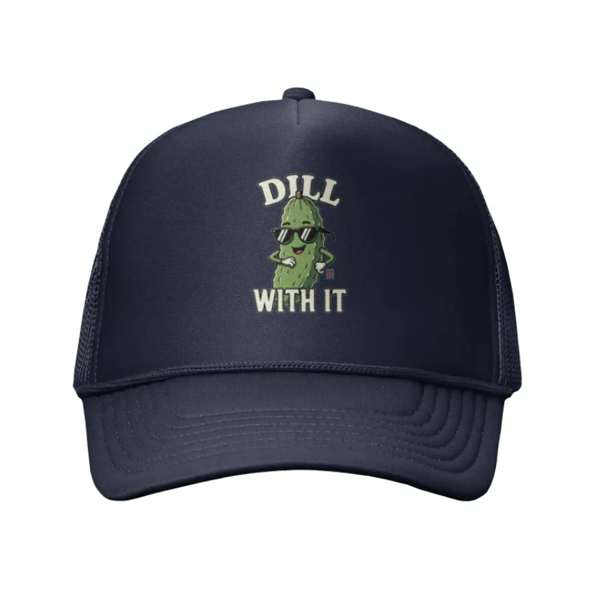 Navy pickle trucker hat